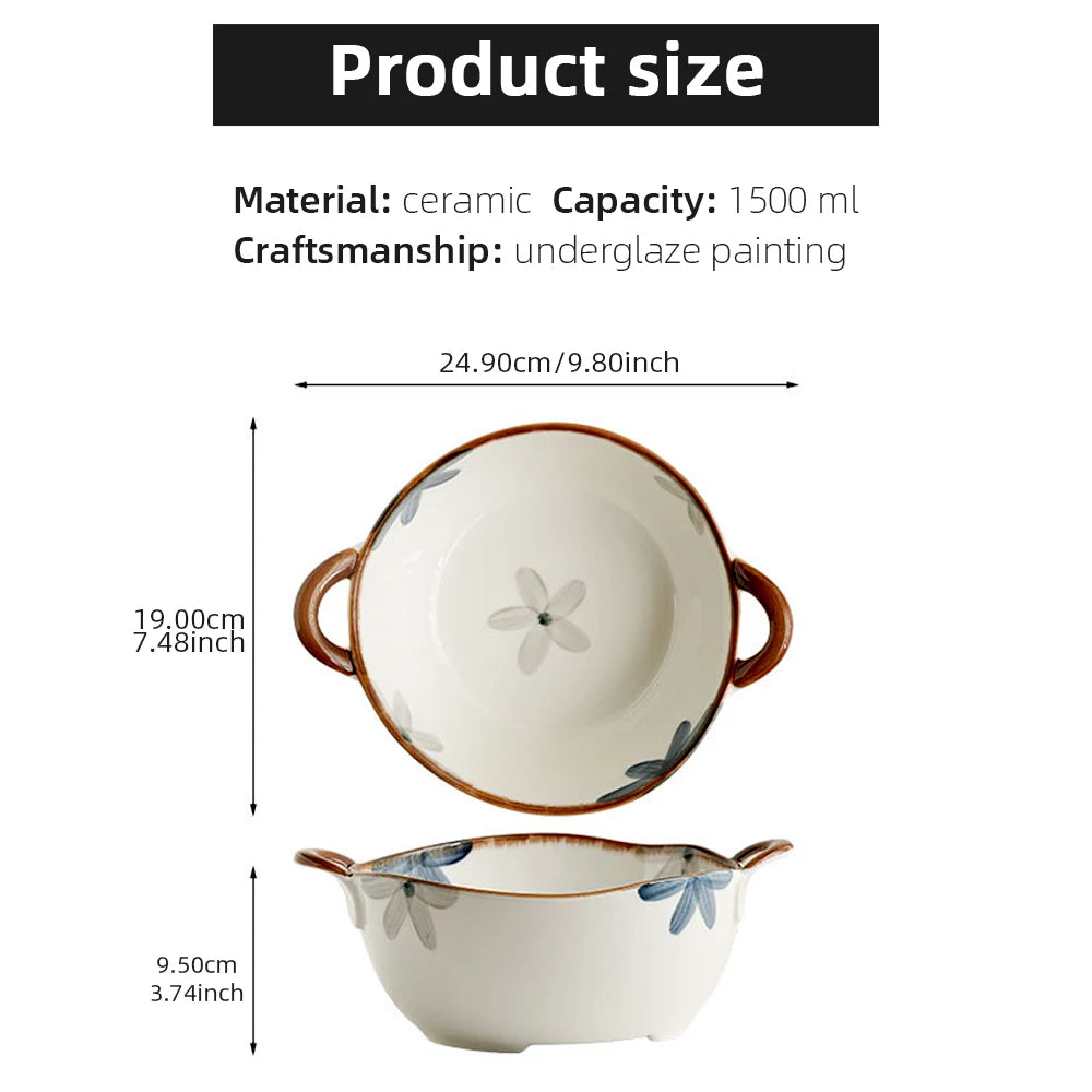 1500ml Household Noodle Bowl Ceramic Soup Bowl With Handle Salad Pasta Bowl Kitchen Tableware Microwave Oven Bakware