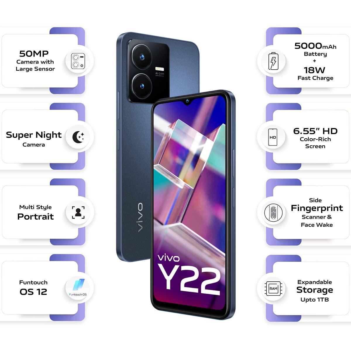 (Refurbished) Vivo Y22 (Starlit Blue, 4GB RAM, 128GB Storage) with No Cost EMI/Additional Exchange Offers - Triveni World