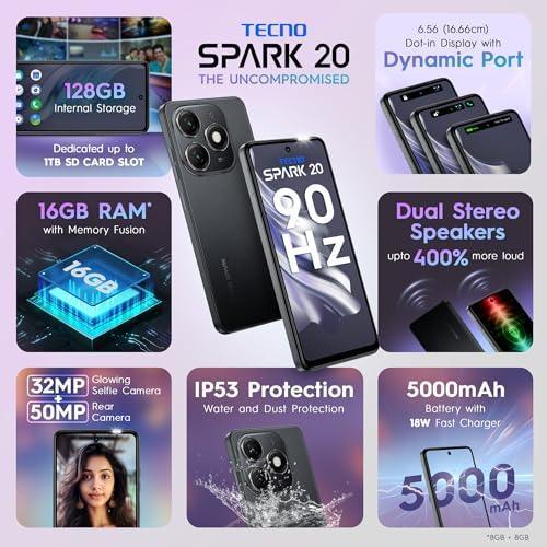 TECNO Spark 20 | Gravity Black, (16GB*+128GB)| 32MP Selfie + 50MP Main Camera| 90Hz Dot-in Display with Dynamic Port & Dual Speakers with DTS| 5000mAh Battery |18W Type-C| Helio G85 Processor - Triveni World