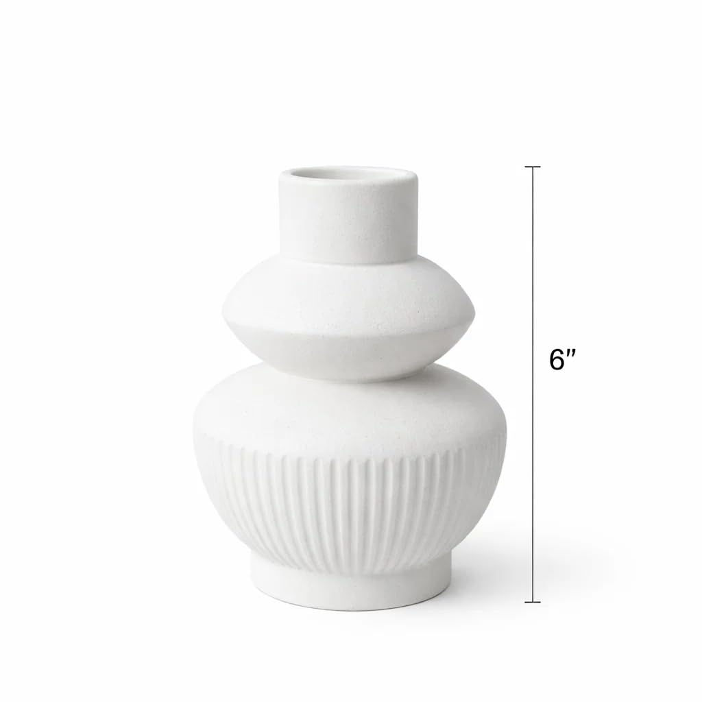 Ribbed Pipe Ceramic Vase for Flowers, Pampas Grass, or Live Plants | Decorative Home & Office Centerpiece Gift – No Flowers- (White, 6 Inch)