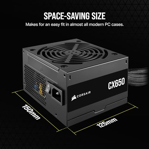 CORSAIR Series CX650 80 Plus Bronze ATX Power Supply, A 120mm thermally Controlled Low-Noise Cooling Fan, Compact 125mm-long casing, Black Sleeved Cables and Powder-Coated casing