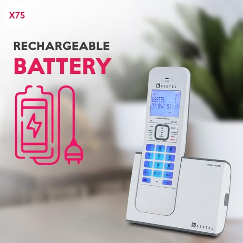 Beetel X75 2.4Ghz Cordless Landline,Dual Mode DTMF/FSK,1 Line 7segment LCD Display& Blue LED Backlit,Illuminated Keypad,2 Way Speaker Phone,6 Step Ringer Volume Control(Grey/White)(X75)