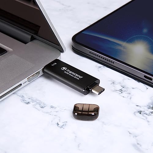 Transcend 310C 256GB USB C & USB A External Portable SSD, Up to 1,050 MB/s, 5 Yr Warranty, Black, for iPhone 15 pro max, MacBook, Ipad, Laptop and Desktop TS256GESD310C