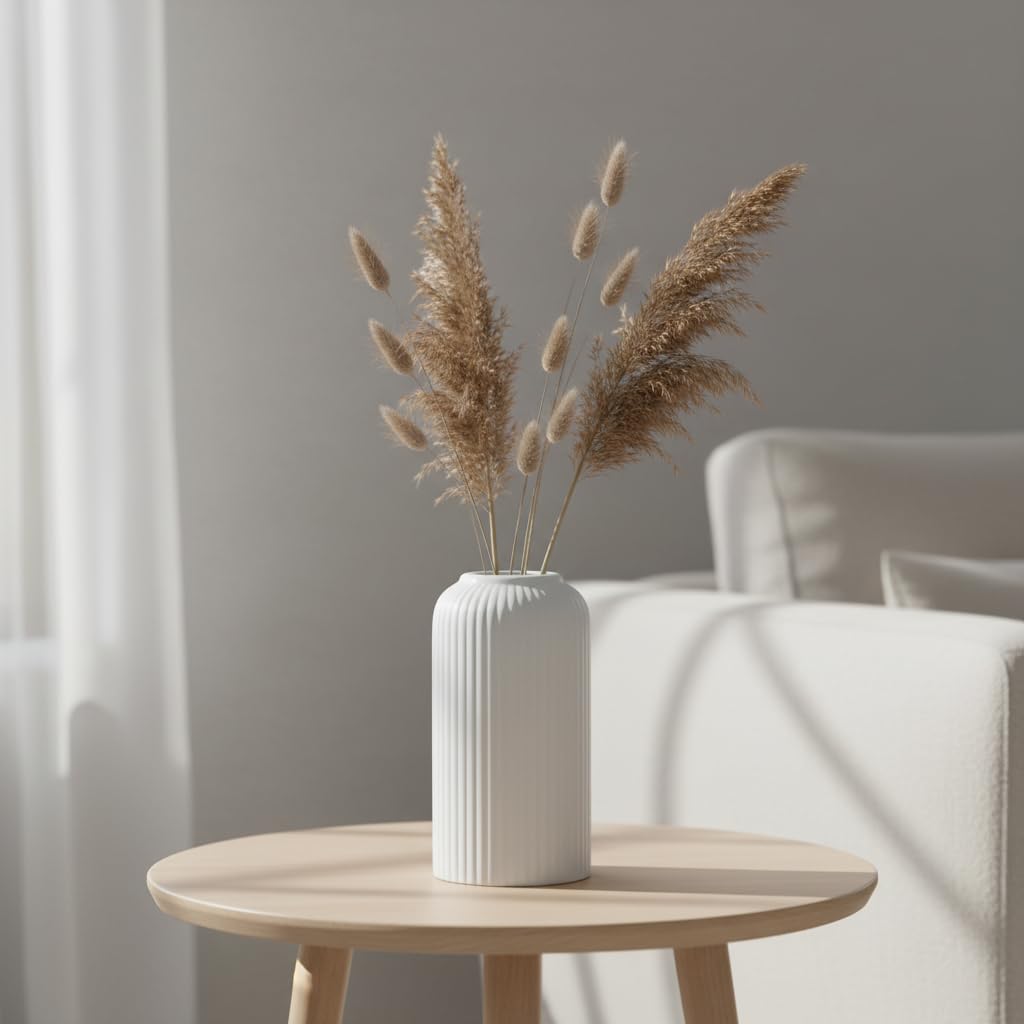 Yellow Ribbed Ceramic Flower Vase 6 Inch Matte Pampas Grass & Dried Flower Vase for Home & Office Table Decor Decorative Centerpiece Gift – Vase Only