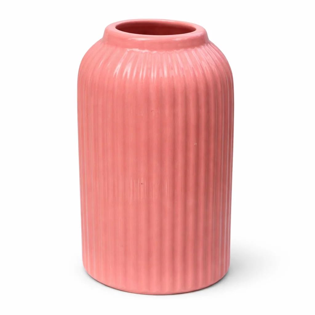 Ribbed Pipe Ceramic Vase for Flowers, Pampas Grass, or Live Plants | Decorative Home & Office Centerpiece Gift – No Flowers- (White, 6 Inch)