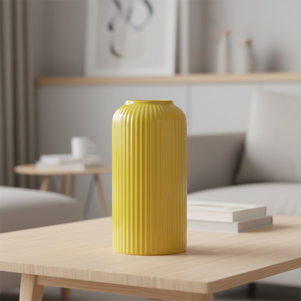 Yellow Ribbed Ceramic Flower Vase 6 Inch Matte Pampas Grass & Dried Flower Vase for Home & Office Table Decor Decorative Centerpiece Gift – Vase Only