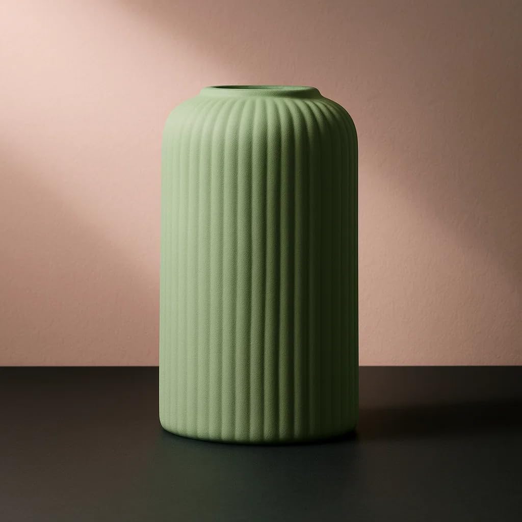 Ribbed Pipe Ceramic Vase for Flowers, Pampas Grass, or Live Plants | Decorative Home & Office Centerpiece Gift – No Flowers- (White, 6 Inch)