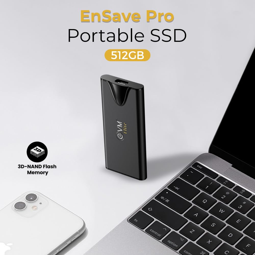 EVM Elite EnSave Pro External SSD 512GB with 2000 Mb/s Read & 1800 Write - Smallest Portable SSD - USB 3.2 Gen 2x2 USB-C - 10 Years Warranty (EPSSDPro/512G)