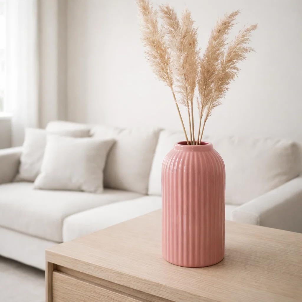 Ribbed Pipe Ceramic Vase for Flowers, Pampas Grass, or Live Plants | Decorative Home & Office Centerpiece Gift – No Flowers- (White, 6 Inch)