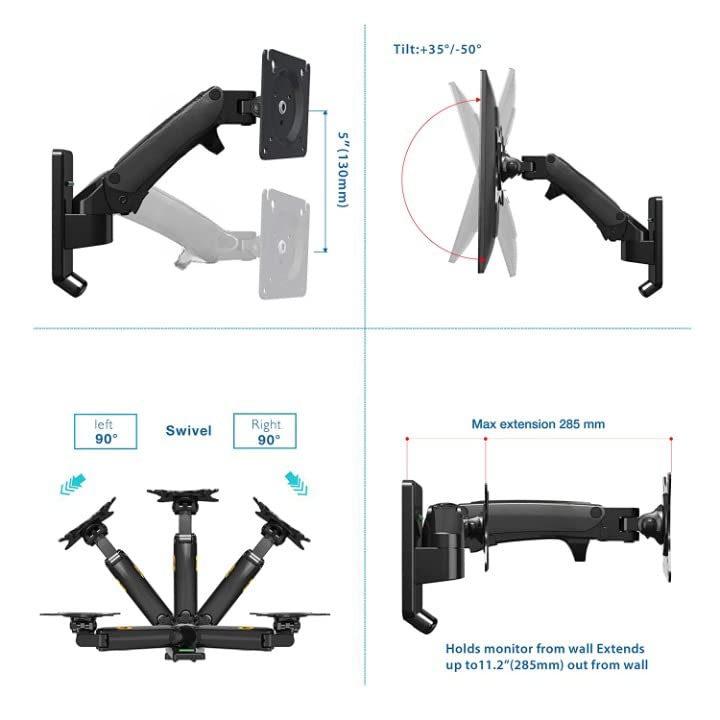 17-27 Inch Gas Spring TV Monitor Wall Mount Bracket Full Motion Articulating Swivel for Display