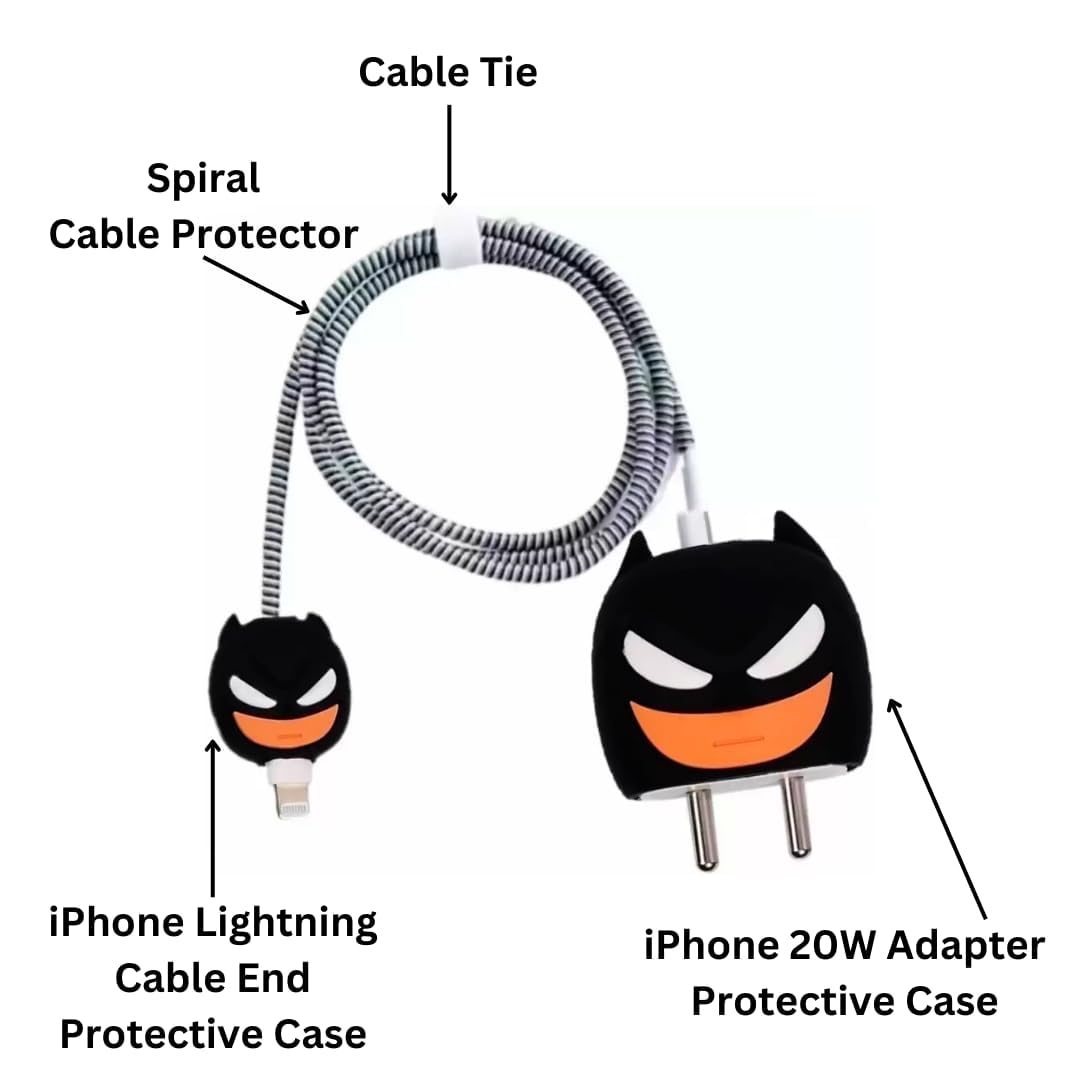 Sounce Bat-Man Charger Protective Case for iPhone 18W & 20W Charger and Wire Protector for Lightning Cable - Charger Protective Cover, Protection Sleeve, Cord Saver for Earphone (Charger Not Included)