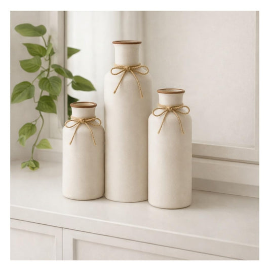 Combo Ribbed Pipe Ceramic Vase for Flowers, Pampas Grass, or Live Plants | Decorative Home & Office Centerpiece Gift – No Flowers- (White)
