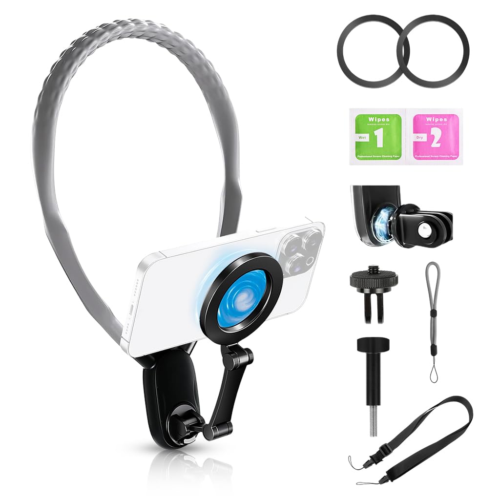 ZORBES®Mag-netic Neck Holder for Action Camera & Phone, Hands Free Neck Tripod Chest Mount Compatible with GoPro DJI Insta 360 iPhone Android, Neck Phone Holder for Recording POV Video Vlog,