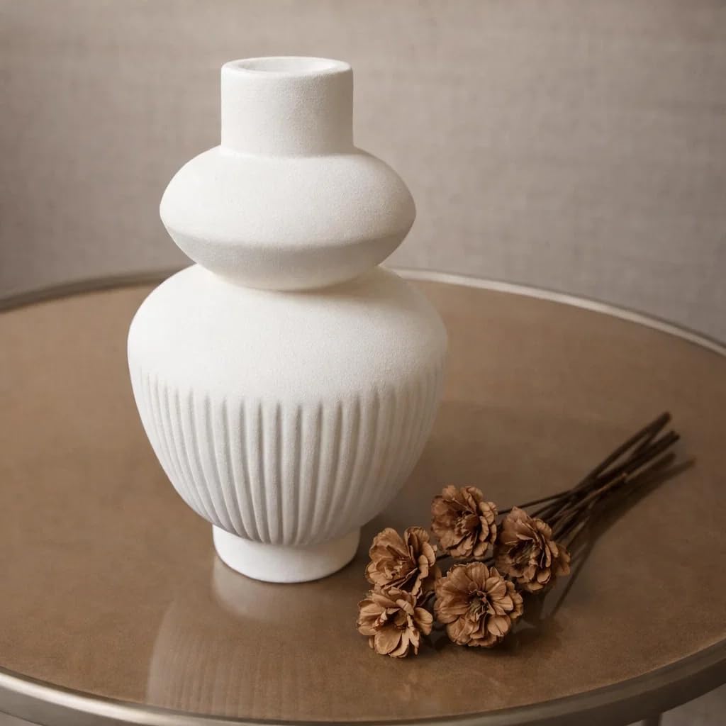 Ribbed Pipe Ceramic Vase for Flowers, Pampas Grass, or Live Plants | Decorative Home & Office Centerpiece Gift – No Flowers- (White, 6 Inch)