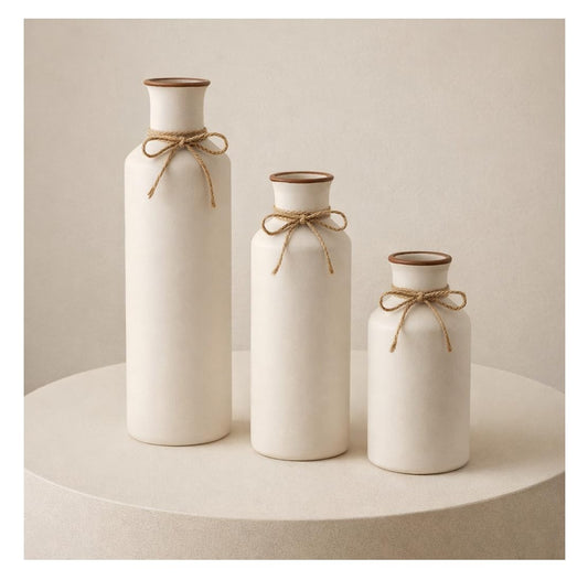 Combo Ribbed Pipe Ceramic Vase for Flowers, Pampas Grass, or Live Plants | Decorative Home & Office Centerpiece Gift – No Flowers- (White)