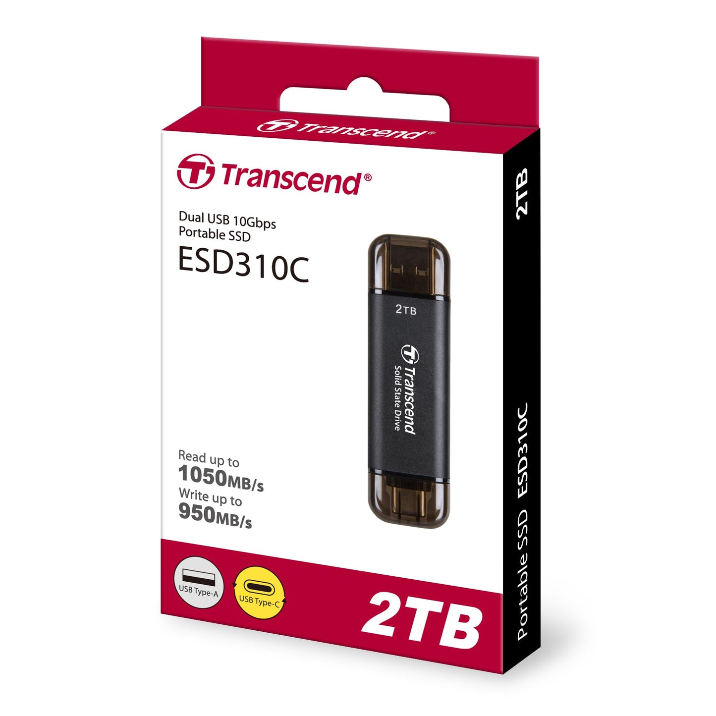 Transcend 310C 2TB USB C & USB A External Portable SSD, Up to 1,050 MB/s, 5 Yr Warranty, Black, for iPhone 15 pro max, MacBook, Ipad, Laptop and Desktop TS2TESD310C