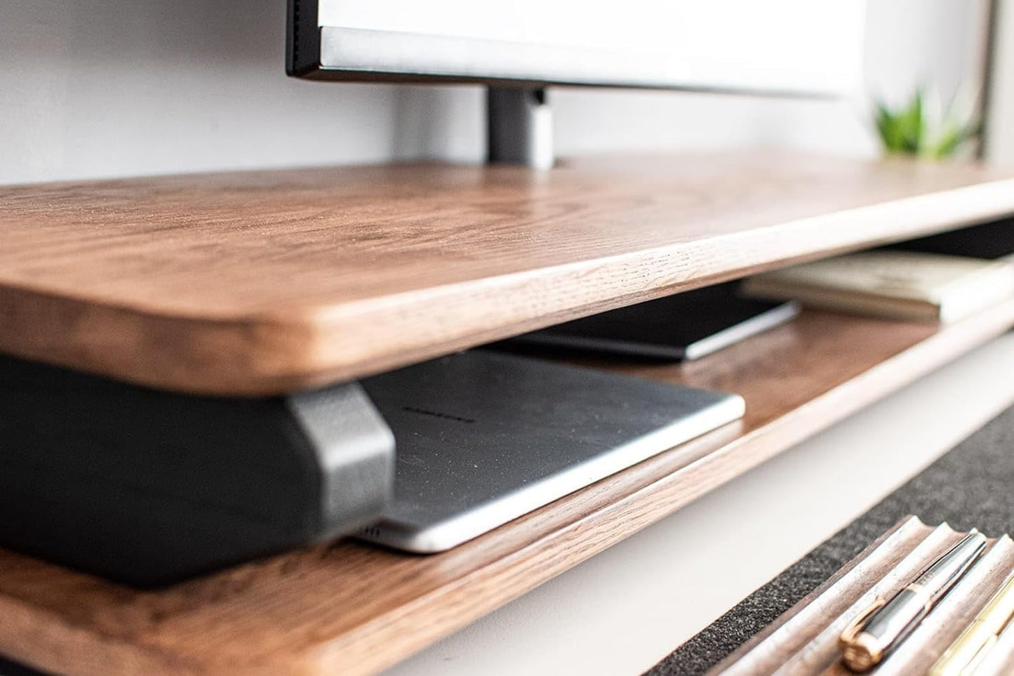 carpentray Store Wooden Monitor Stand with Storage Organizer for Desk with Wire Hole, Tables, Office, Home, Studio, Study Table | Monitor Stand Riser (100Cm, Black Legs)