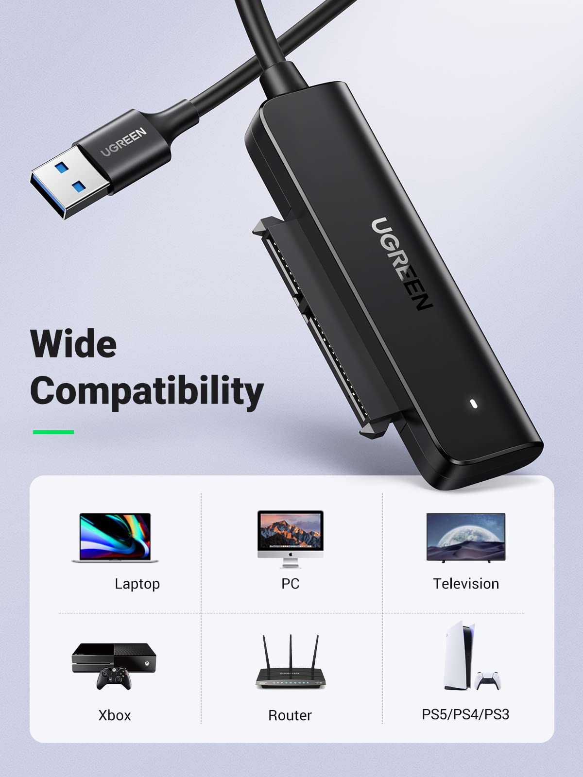 UGREEN SATA to USB 3.0 Adapter Cable for 2.5" SSD and HDD Hard Drive Adapter 5Gbps Support SATA III UASP Compatible with Samsung Seagate WD SanDisk Hitachi Toshiba, PS3, PS4, Xbox, PC, Router, 1.5FT