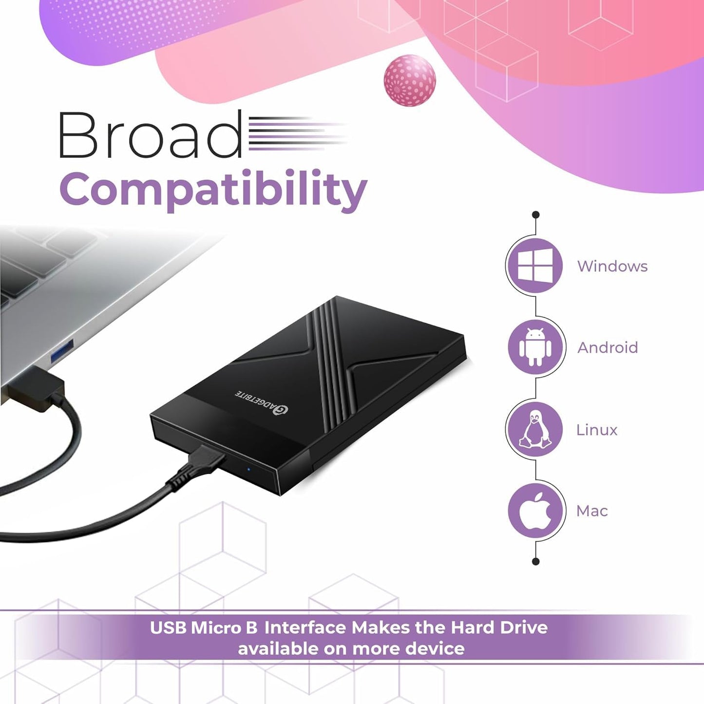 Gadgetbite SSD Enclosure Case, Tool-Free External Hard Disk Case with Fast Transfer Speed Up to 5 Gbps & Up to 4TB Storage Capacity with 2.5 SATA SSD / HDD (Black, USB to SATA 3.0)