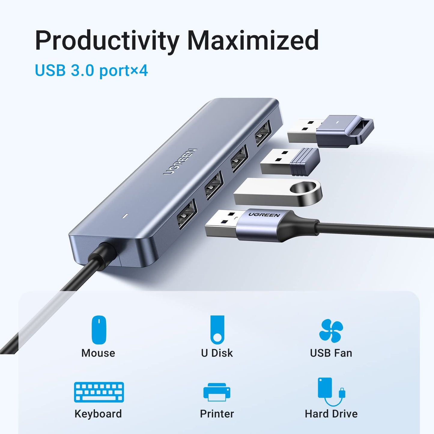 UGREEN USB C Hub 4 Ports with 5V/2.4A Power Supply, Type C Splitter Powered with 4 USB 3.0 for PC Laptop Tablet Phone Compatible with MacBook iMac iPad iPhone 16/15 Pro Max Galaxy S24 (0.15M)