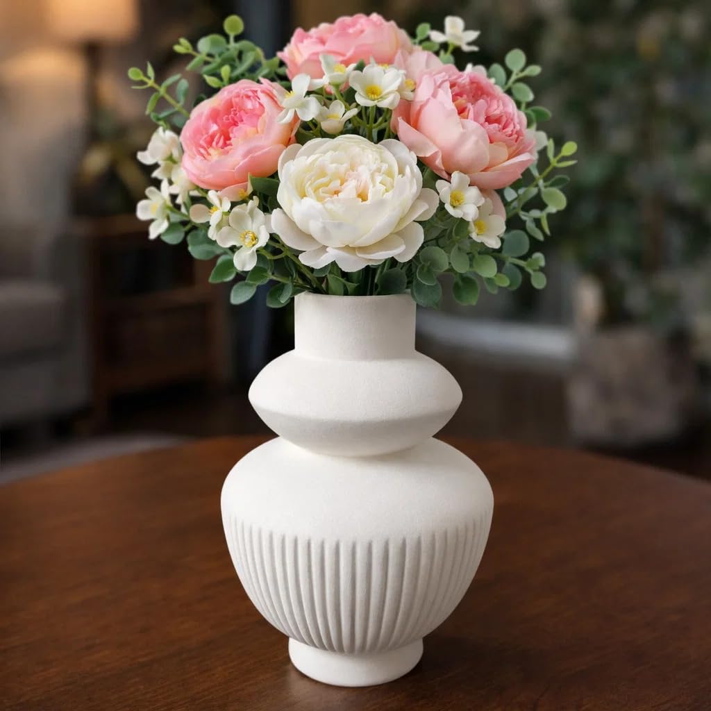 Ribbed Pipe Ceramic Vase for Flowers, Pampas Grass, or Live Plants | Decorative Home & Office Centerpiece Gift – No Flowers- (White, 6 Inch)