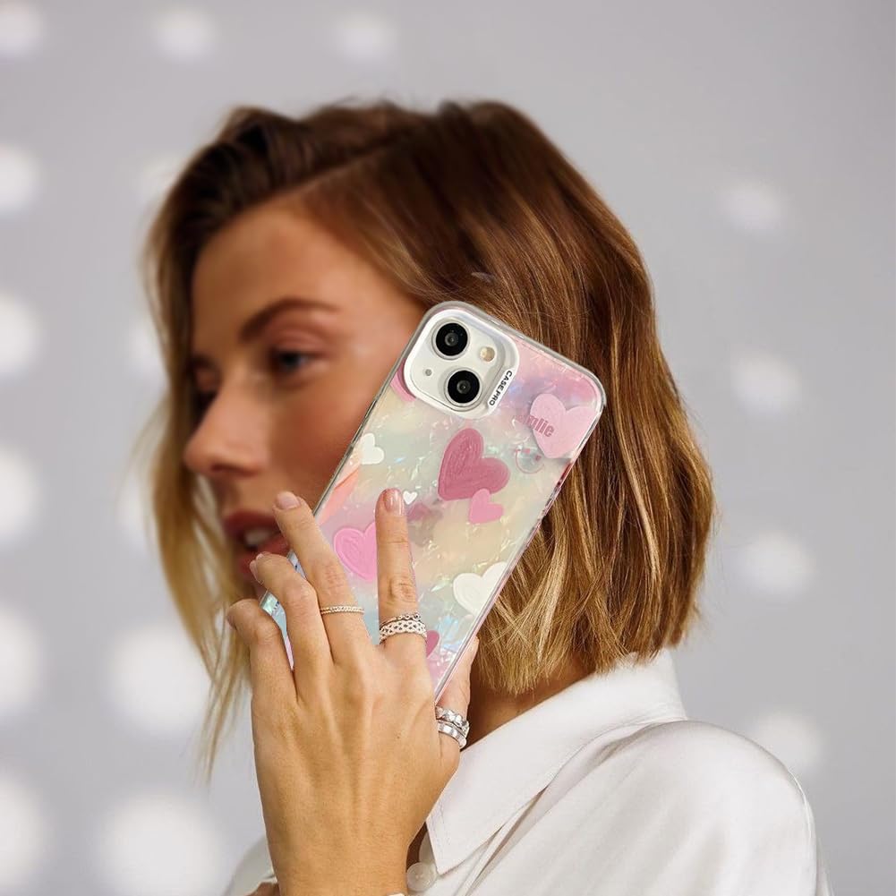mobistyle Designed for iPhone 15 Cover Cool Shining Shell Love Heart Pattern Design with TPU Edges Phone Back Cover Case for Girls Women (Bling Heart Pink)