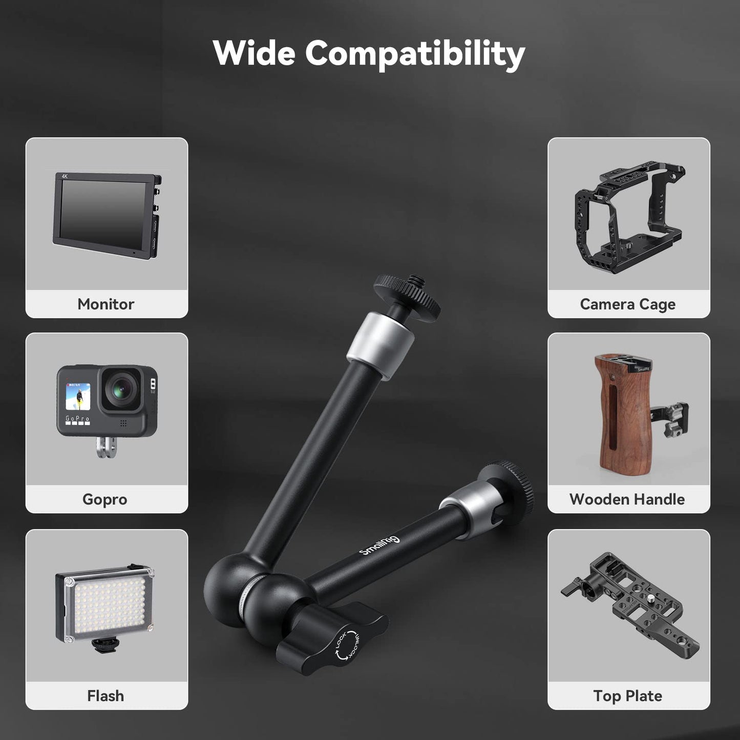SMALLRIG 9.8 inch Adjustable Power Articulating Magic Arm with Both 1/4" Thread Screw for LCD Monitor/LED Lights-2066B