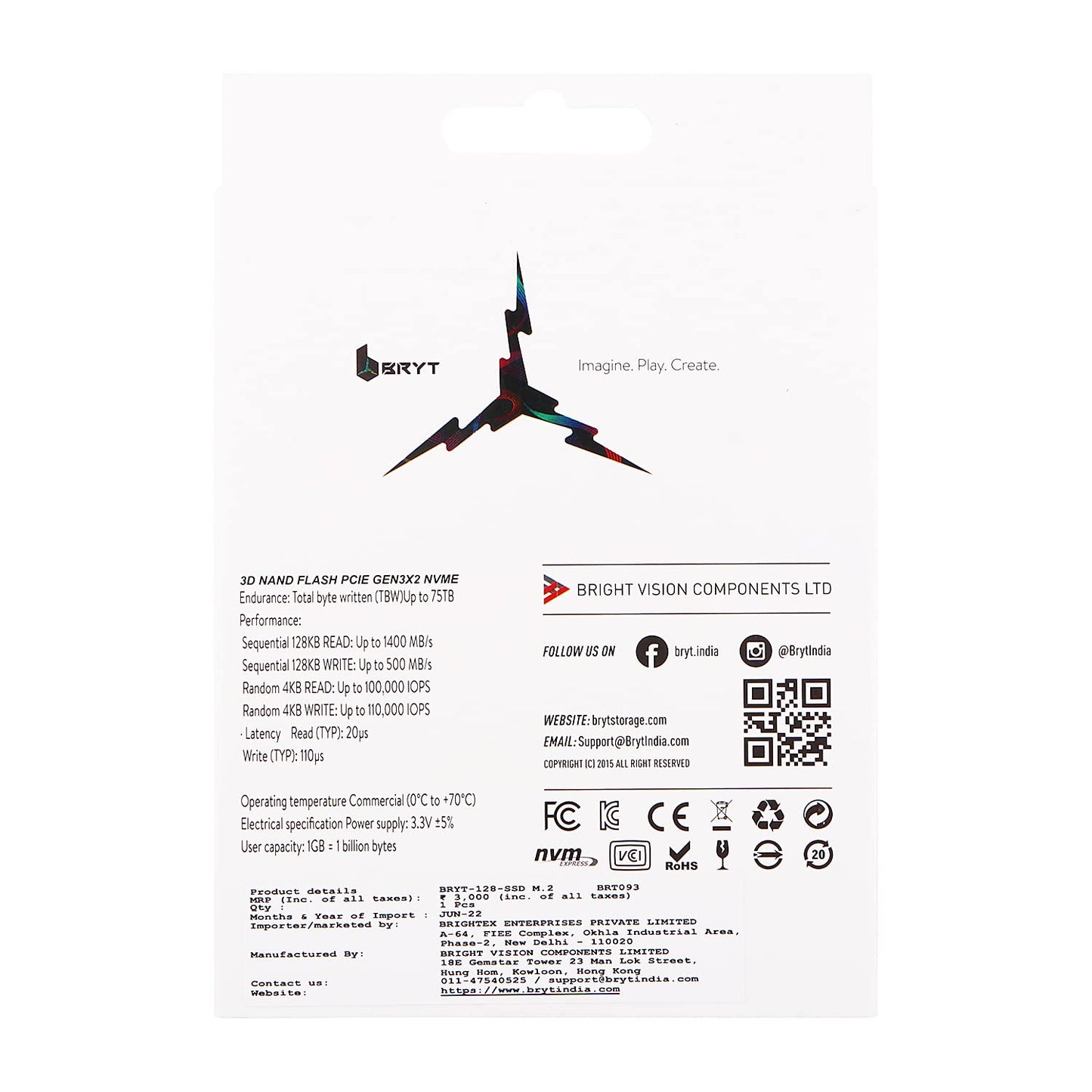 BRYT M.2 2280 PCle Gen 3X2 SSD 128 GB Internal Solid State Drive with Read Speed up to 1500 MB/s & Write Speed up to 900 MB/s |