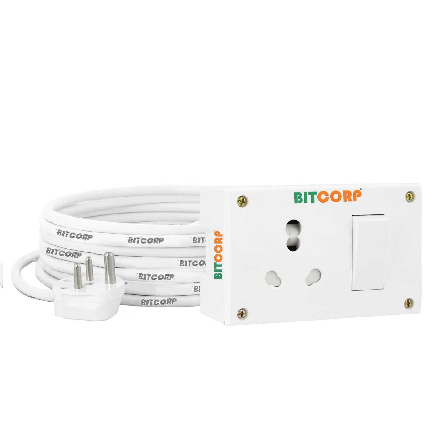 Bitcorp Single Socket Extension Board 1 Way Plug and 1 Switch 15A 16A 20A (2500W) 5 Meter Long Length Cable Cord Compatible with Ac, Fridge, Washing Machine, Microwave and Heavy Appliances (White)