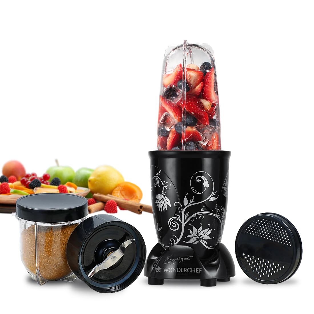 Wonderchef Nutri-blend Mixer, Grinder & Blender|Powerful 500W 22000 RPM 100% Full Copper Motor|Stainless steel Blades|2 unbreakable jars|2 Years warranty | Recipe book by Chef Sanjeev Kapoor | Black