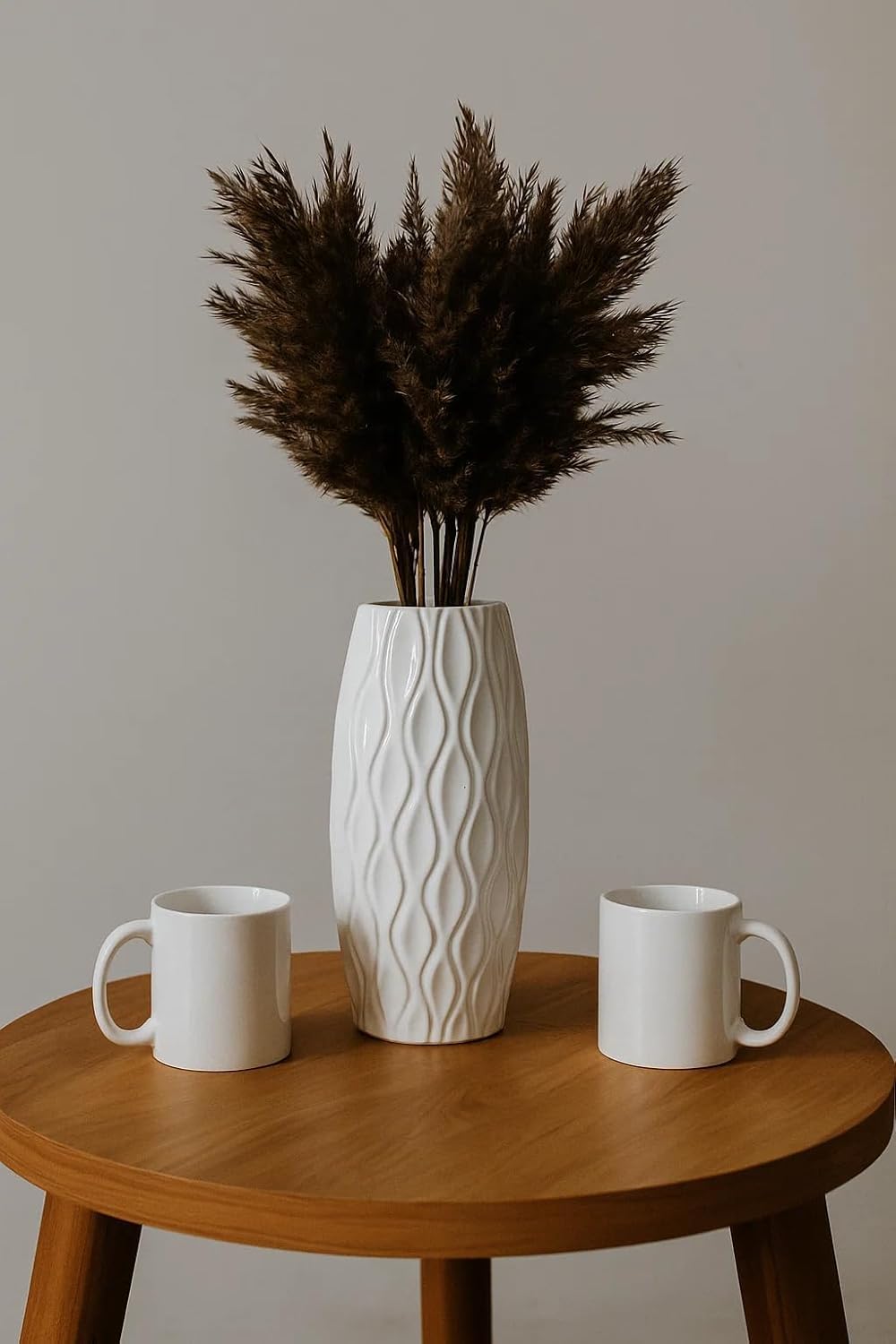 Ribbed Pipe Ceramic Vase for Flowers, Pampas Grass, or Live Plants | Decorative Home & Office Centerpiece Gift – No Flowers- (White, 6 Inch)