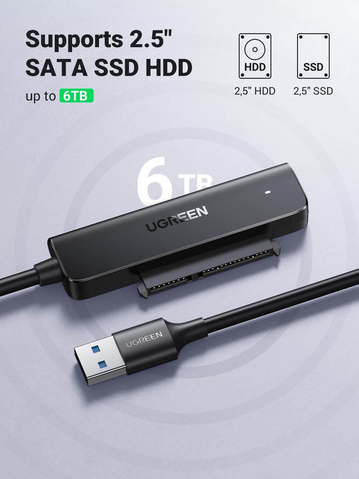UGREEN SATA to USB 3.0 Adapter Cable for 2.5" SSD and HDD Hard Drive Adapter 5Gbps Support SATA III UASP Compatible with Samsung Seagate WD SanDisk Hitachi Toshiba, PS3, PS4, Xbox, PC, Router, 1.5FT
