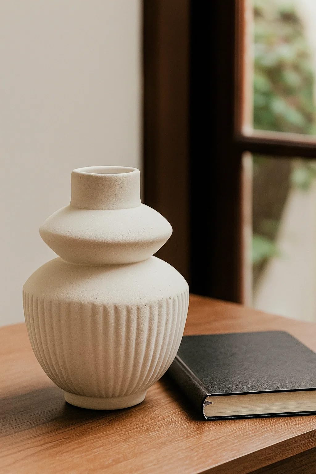Ribbed Pipe Ceramic Vase for Flowers, Pampas Grass, or Live Plants | Decorative Home & Office Centerpiece Gift – No Flowers- (White, 6 Inch)