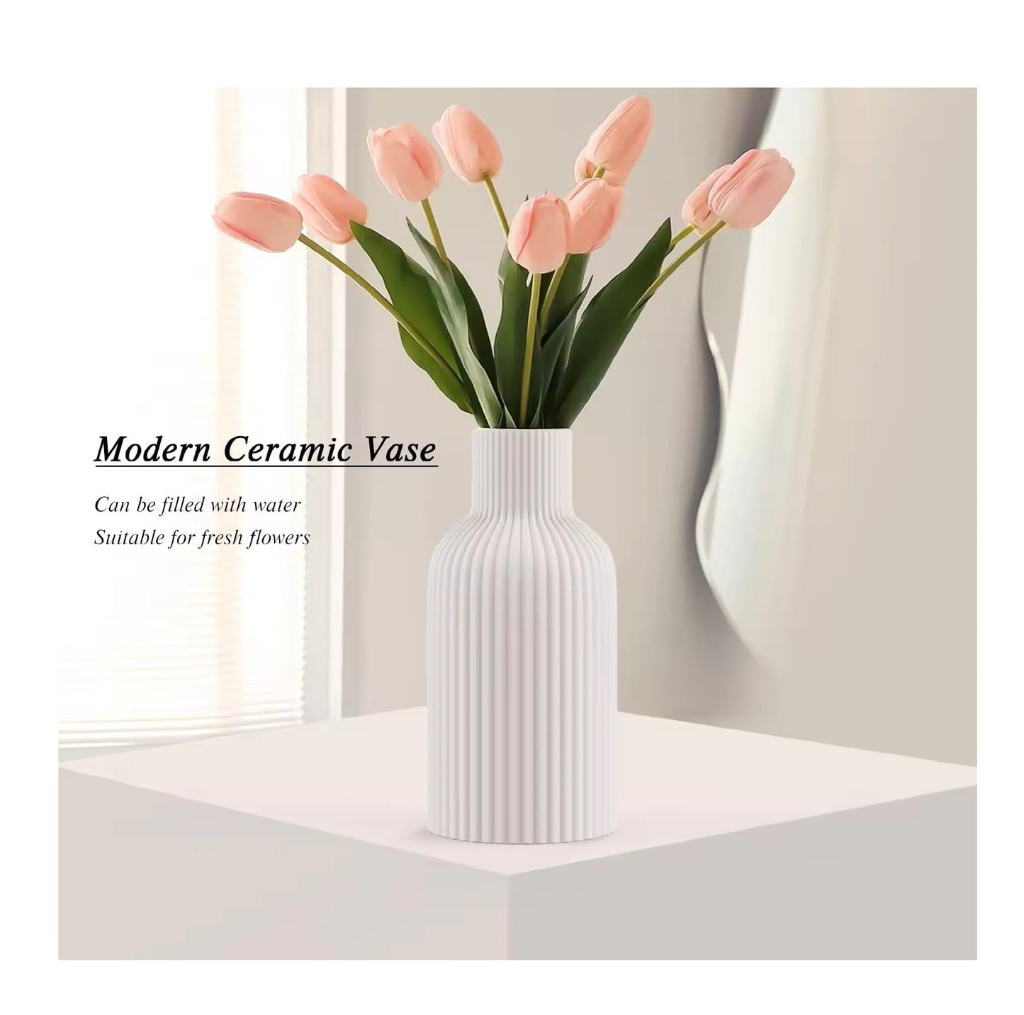 Ribbed Pipe Ceramic Vase for Flowers, Pampas Grass, or Live Plants | Decorative Home & Office Centerpiece Gift – No Flowers- (White, 6 Inch)