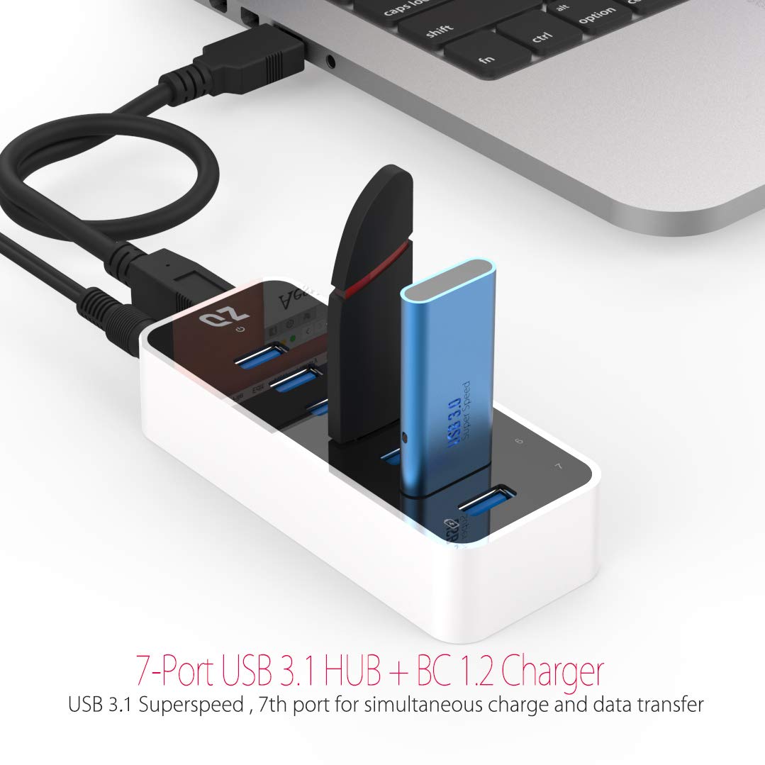 [7 Ports, 12V 3A 36W Power] QZ Active Powered USB Hub, 7 Port USB Hub with 12V 3A 36W Power Adapter, USB 3.1 Gen 1