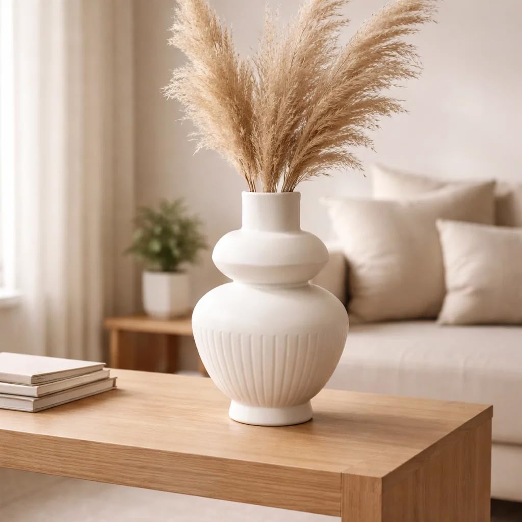 Ribbed Pipe Ceramic Vase for Flowers, Pampas Grass, or Live Plants | Decorative Home & Office Centerpiece Gift – No Flowers- (White, 6 Inch)
