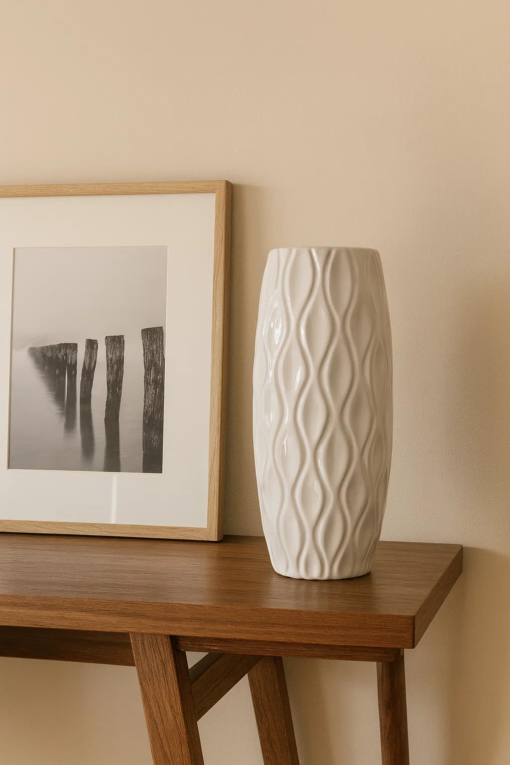 Ribbed Pipe Ceramic Vase for Flowers, Pampas Grass, or Live Plants | Decorative Home & Office Centerpiece Gift – No Flowers- (White, 6 Inch)