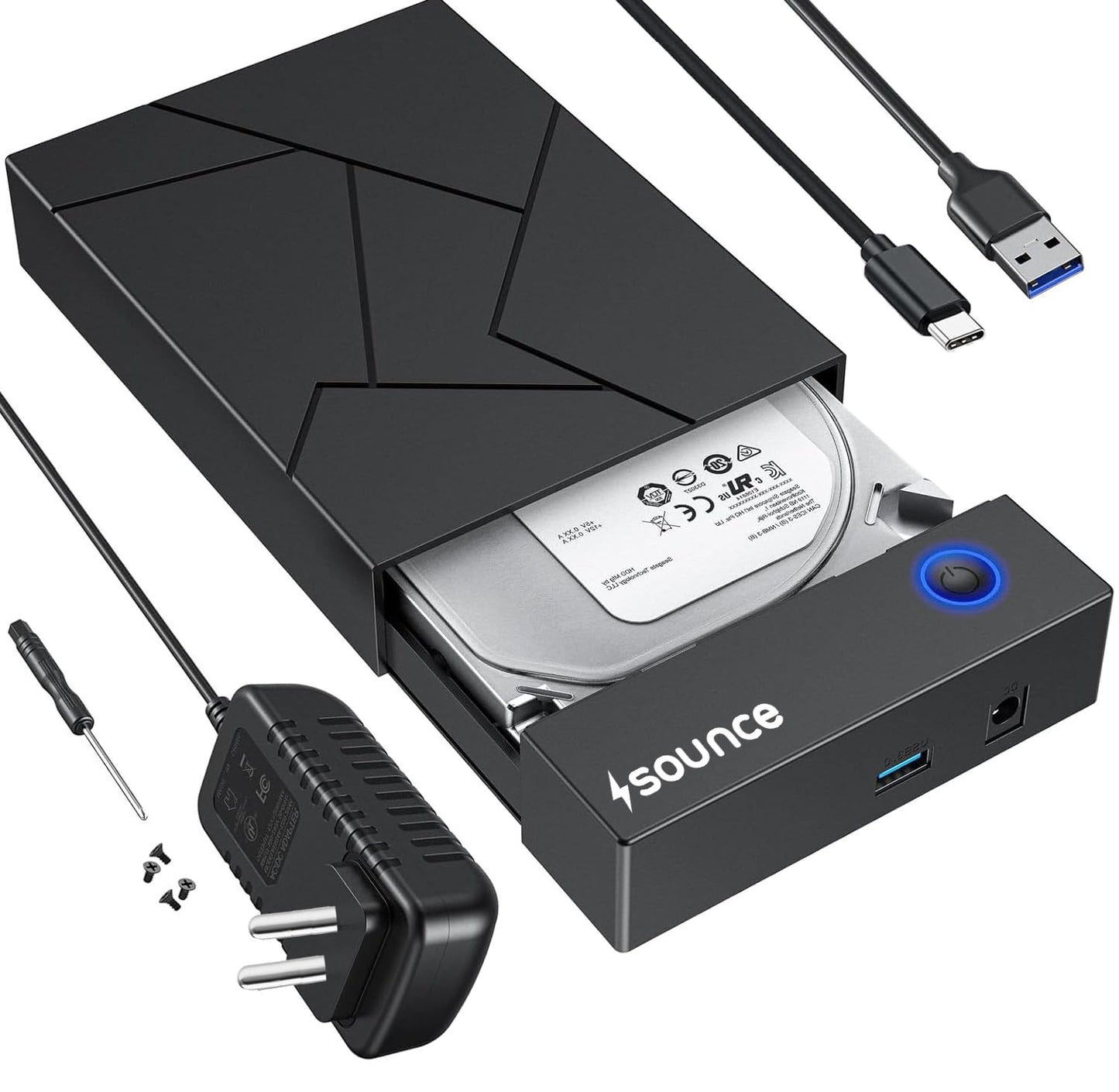 Sounce Type C Hard Drive Enclosure, External Hard Drive Docking Station for 3.5/2.5 Inch SATA Hard Drives/SSD with 16 TB+, Tool-Free HDD Enclosure 12V/2A Power Supply UASP (Black)