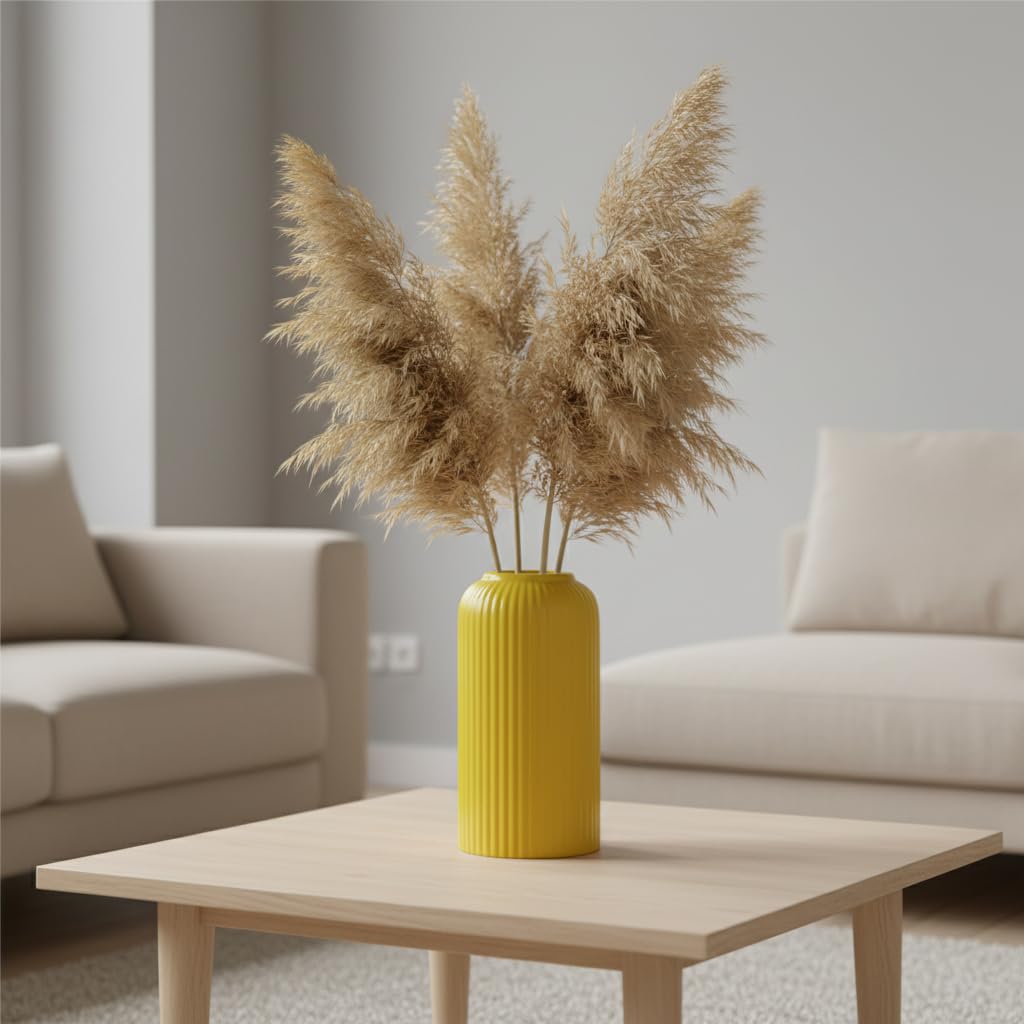 Yellow Ribbed Ceramic Flower Vase 6 Inch Matte Pampas Grass & Dried Flower Vase for Home & Office Table Decor Decorative Centerpiece Gift – Vase Only