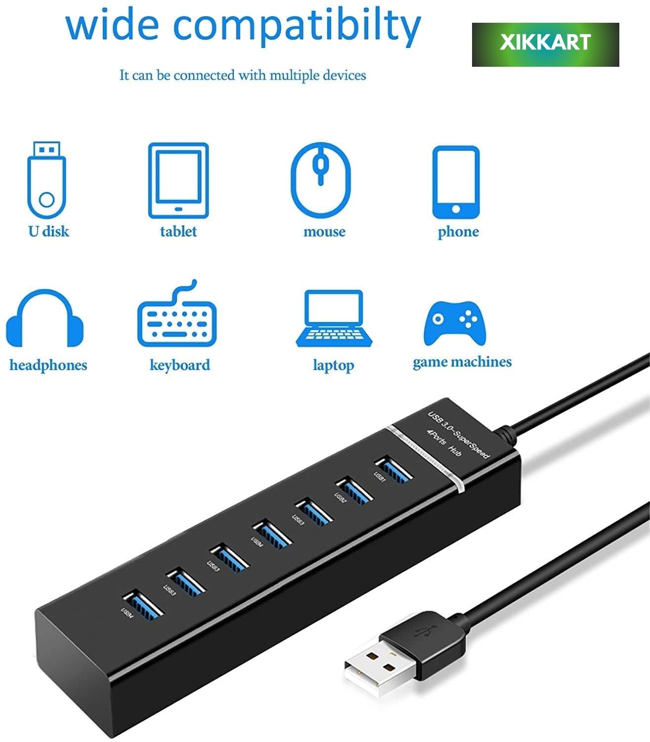 XIKKART USB Hub 3.0, 7-Port USB Data Hub Splitter with 3.3ft Long Cable for PS4, PS5,Xbox one, MacBook, Mac Pro/Mini, iMac, XPS, Surface Pro, iPhone, iPad, Galaxy Series, Mobile HDD, and More