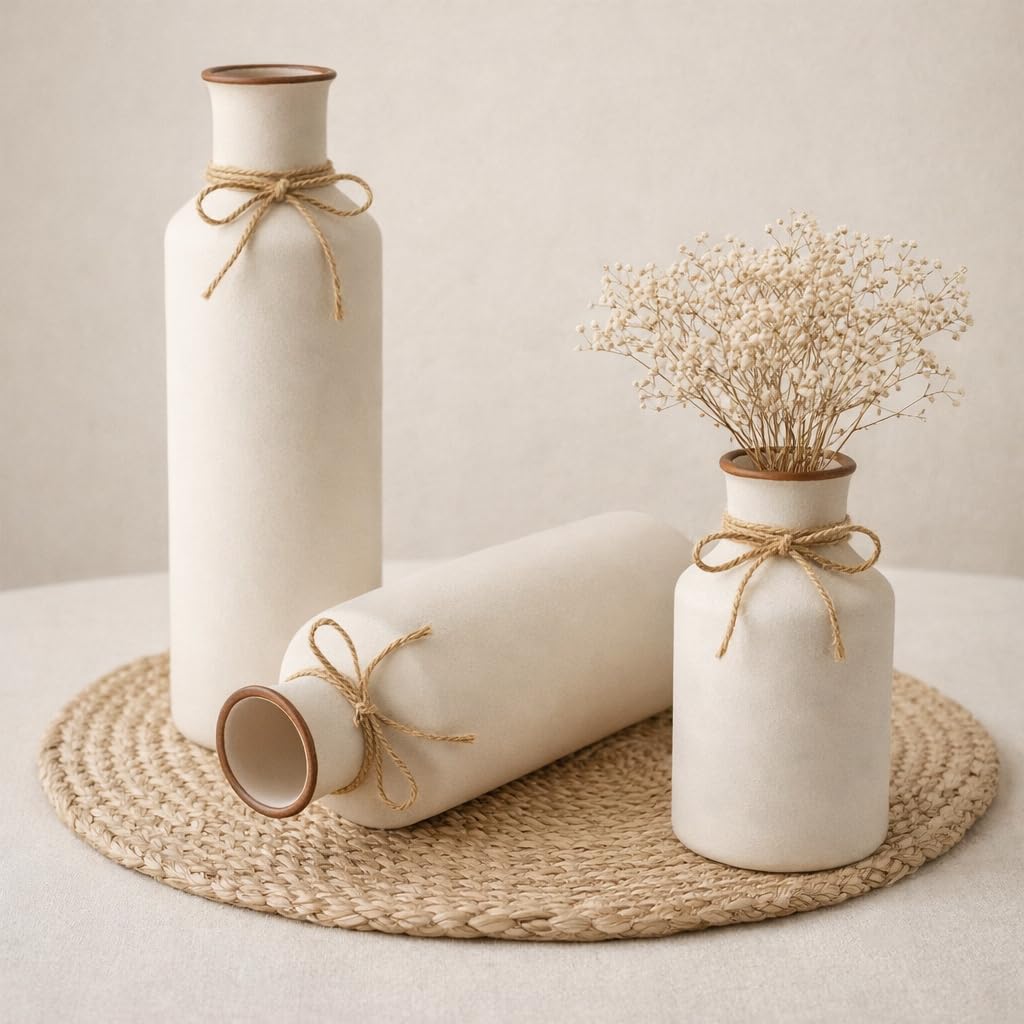Ribbed Pipe Ceramic Vase for Flowers, Pampas Grass, or Live Plants | Decorative Home & Office Centerpiece Gift – No Flowers- (White, 6 Inch)