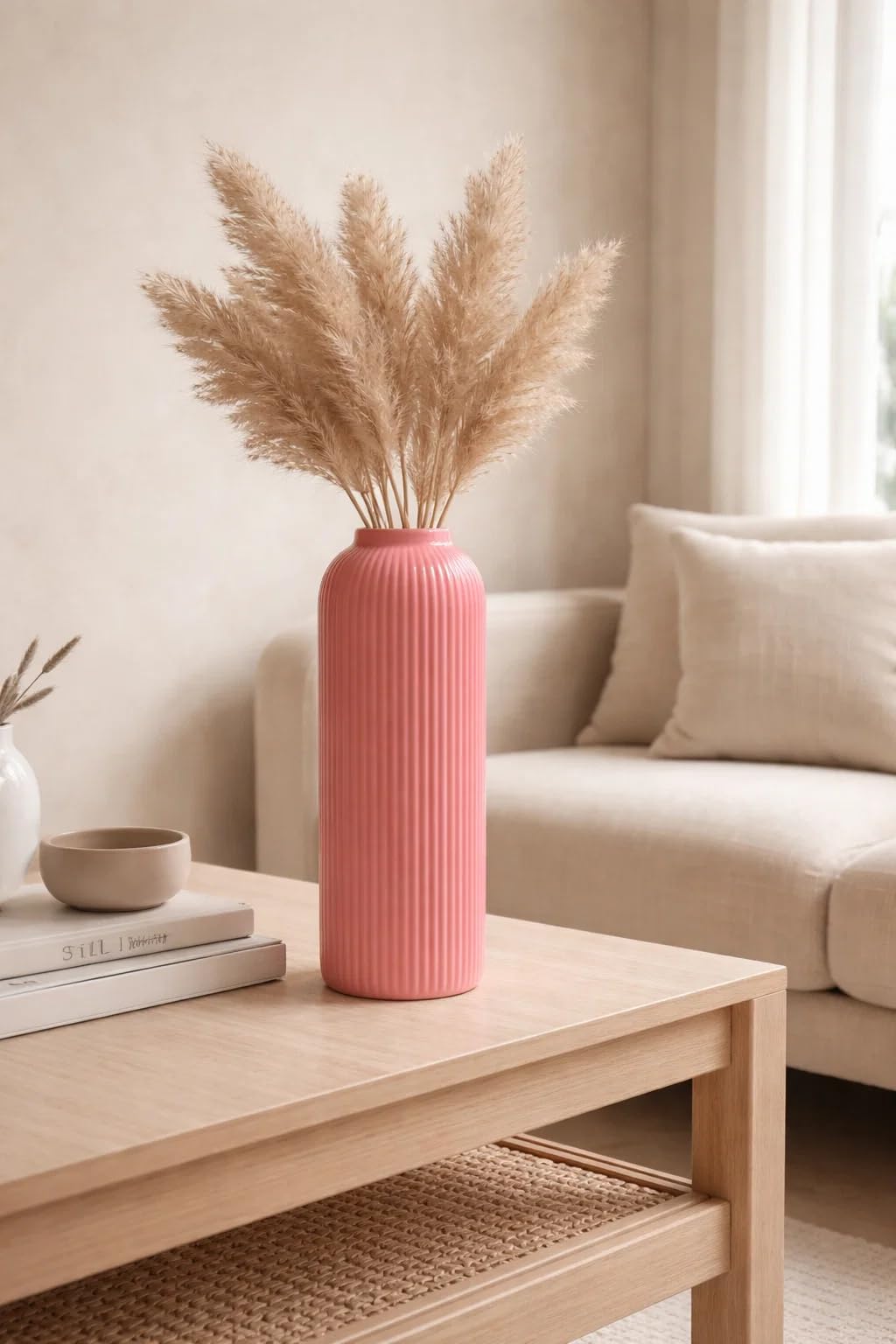 Ribbed Pipe Ceramic Vase for Flowers, Pampas Grass, or Live Plants | Decorative Home & Office Centerpiece Gift – No Flowers- (White, 6 Inch)