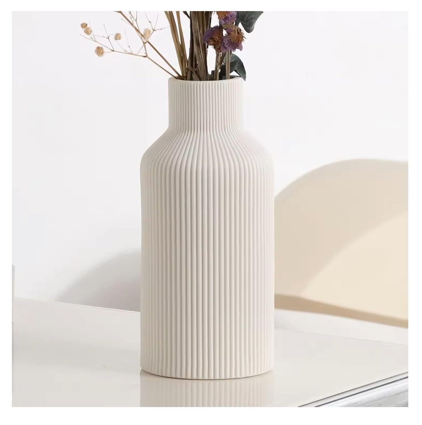 Ribbed Pipe Ceramic Vase for Flowers, Pampas Grass, or Live Plants | Decorative Home & Office Centerpiece Gift – No Flowers- (White, 6 Inch)
