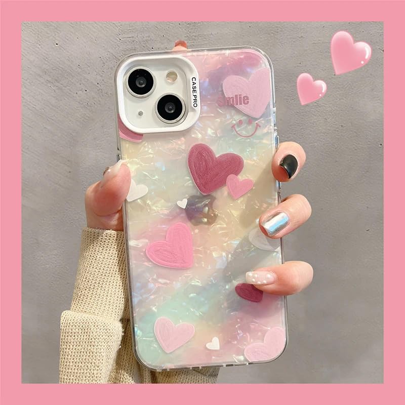 mobistyle Designed for iPhone 15 Cover Cool Shining Shell Love Heart Pattern Design with TPU Edges Phone Back Cover Case for Girls Women (Bling Heart Pink)