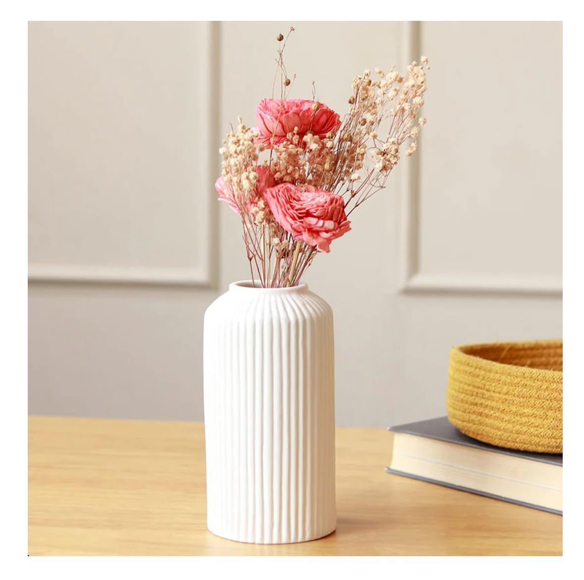 Ribbed Pipe Ceramic Vase for Flowers, Pampas Grass, or Live Plants | Decorative Home & Office Centerpiece Gift – No Flowers- (White, 6 Inch)
