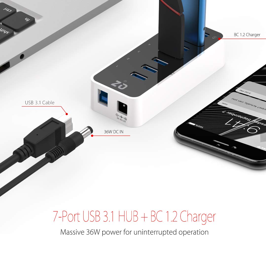 [7 Ports, 12V 3A 36W Power] QZ Active Powered USB Hub, 7 Port USB Hub with 12V 3A 36W Power Adapter, USB 3.1 Gen 1