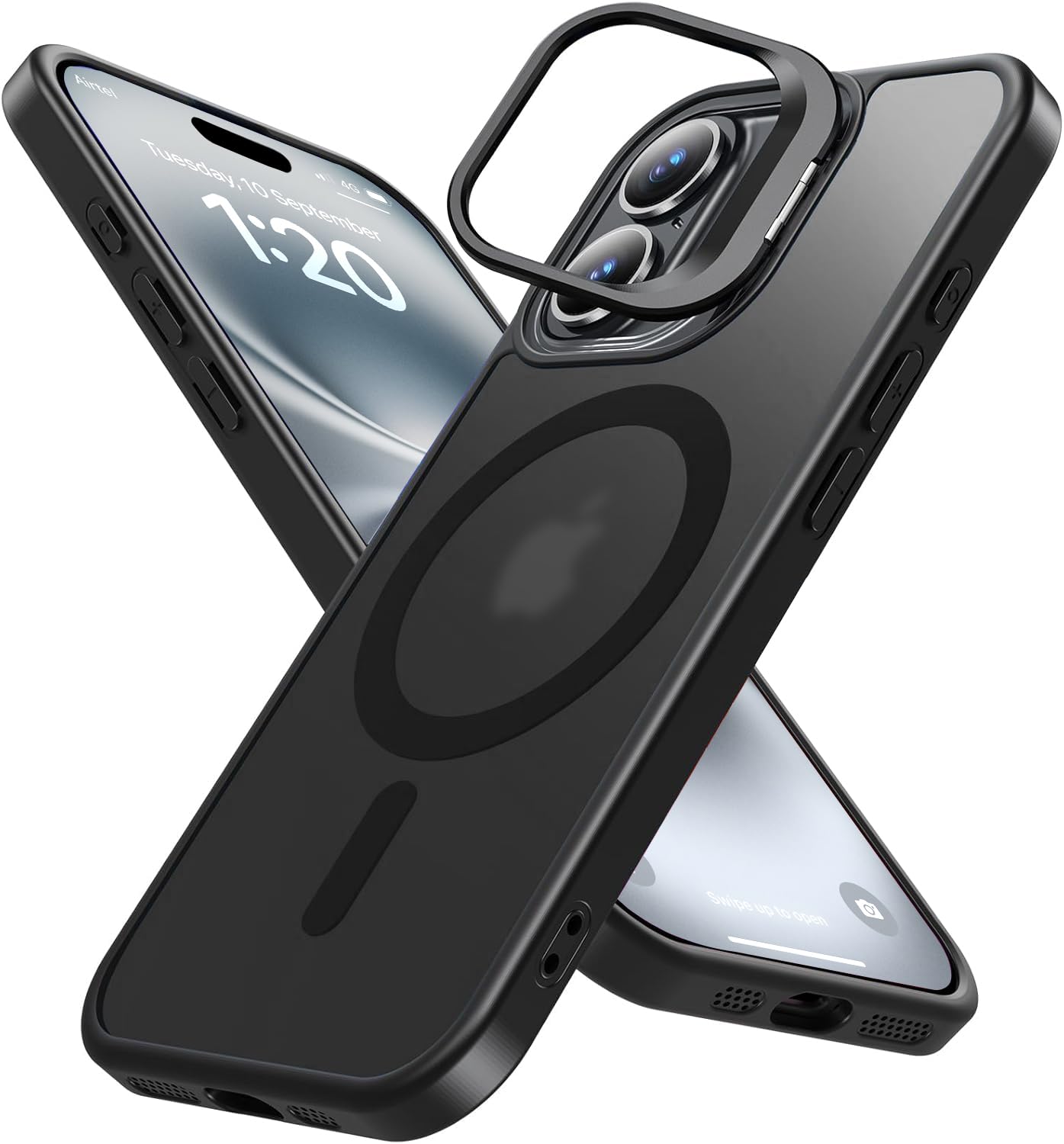 EGOTUDE Stand Case for iPhone 16 | Translucent Frosted Matte Hard Back Cover Compatible with Mag-Safe (Black)