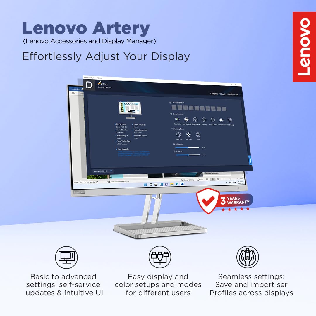 Lenovo L-Series 24 inch (60.4cm) FHD IPS Monitor| 100Hz, 1ms, FreeSync, 99% sRGB, 3Wx2 Speakers, 4xUSB-A, 1xUSB-C, 1x HDMI, Tilt, Swivel,Pivot Height Adjust Stand: For Home & Office use, Grey, L24m-4A