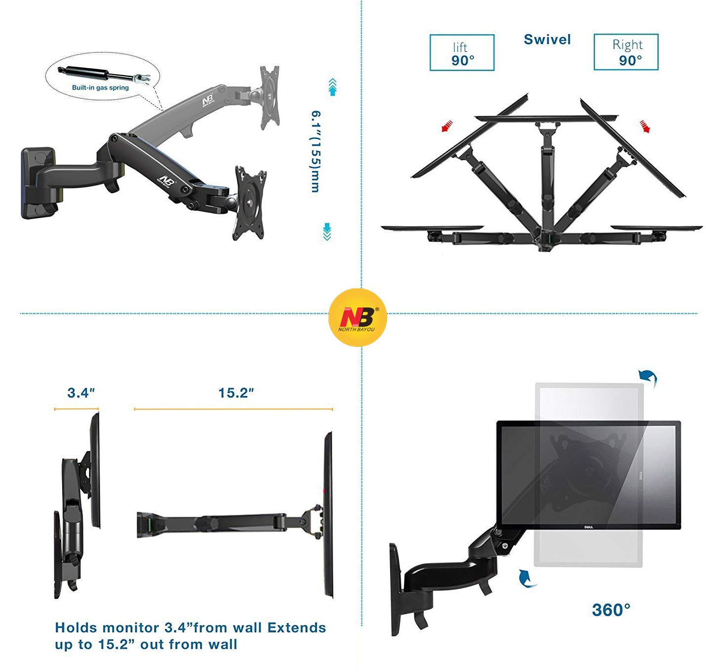 North Bayou NB Gas-Strut Monitor Arm for 17” to 35”, Load 3-12kg, Double Extension.