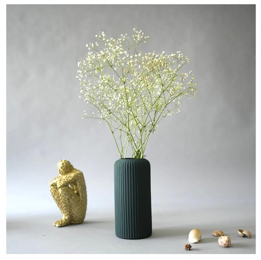 Ribbed Pipe Ceramic Vase for Flowers, Pampas Grass, or Live Plants | Decorative Home & Office Centerpiece Gift – No Flowers- (Green, 6 Inch)